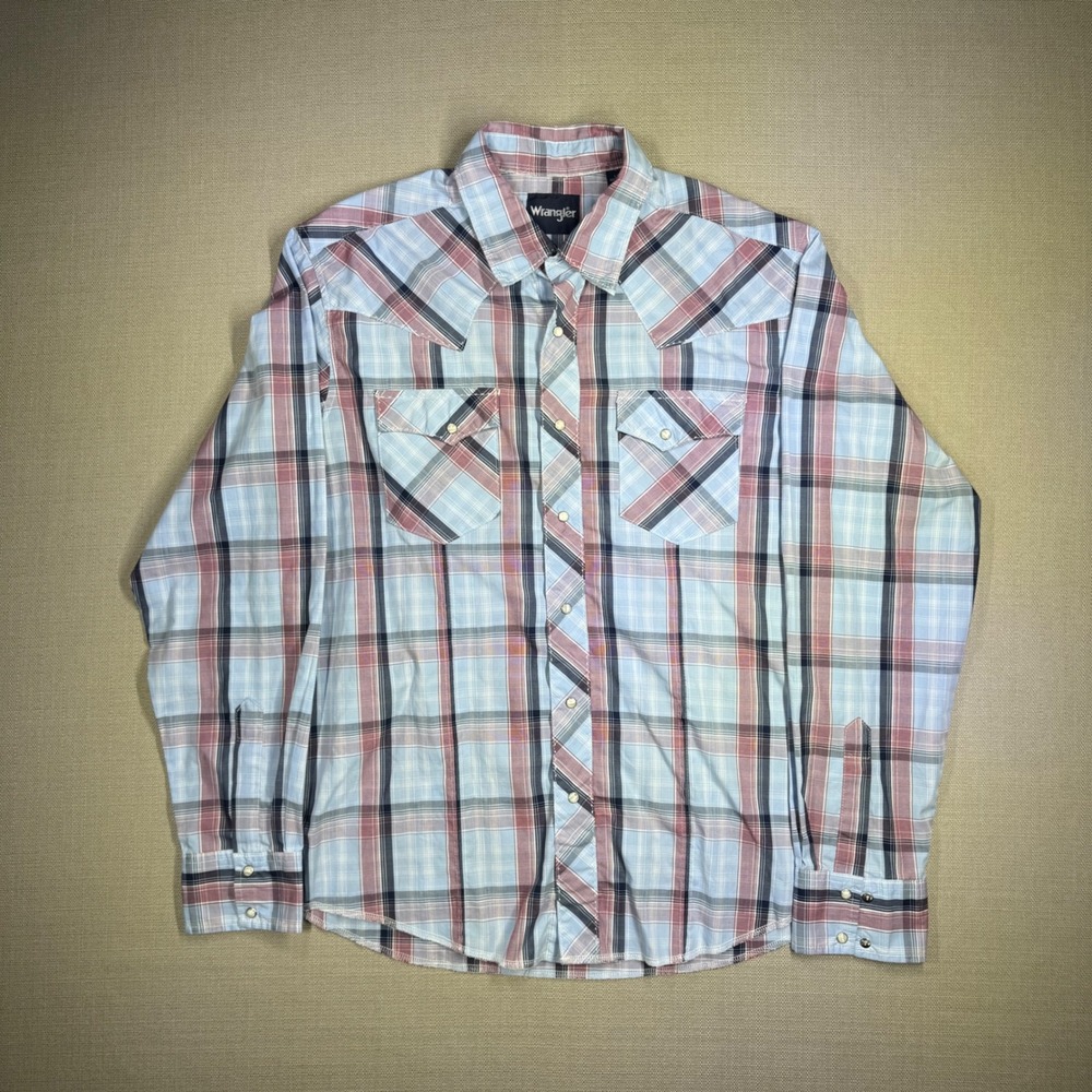 Wrangler Mens Blue Burgundy Plaid Western Pearl Snap Long Sleeve Shirt Large